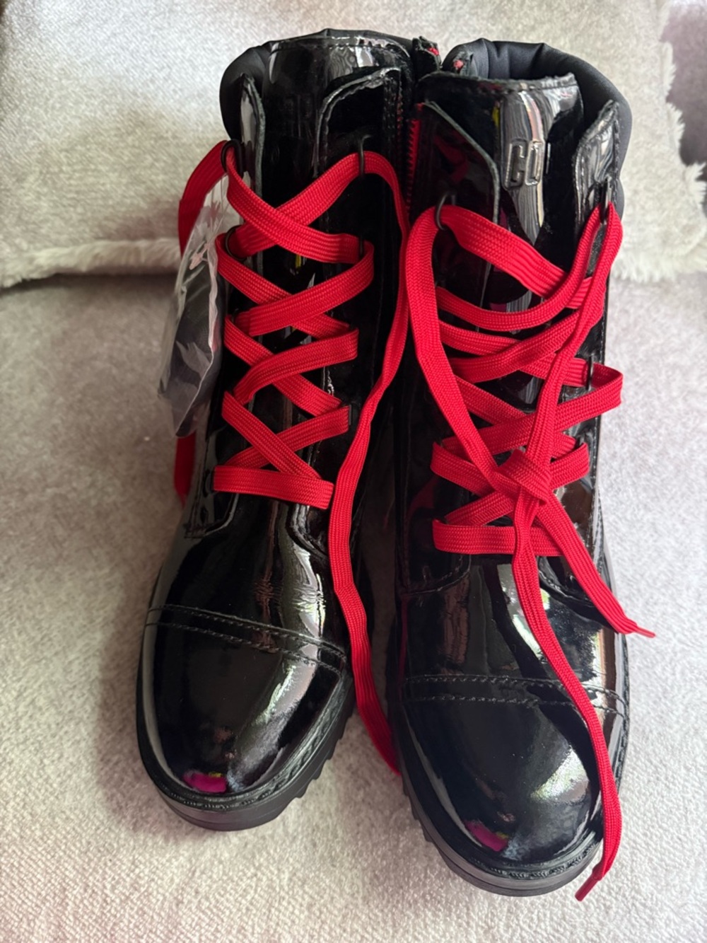 Cougar Black Patent Boots with Red Accent Laces